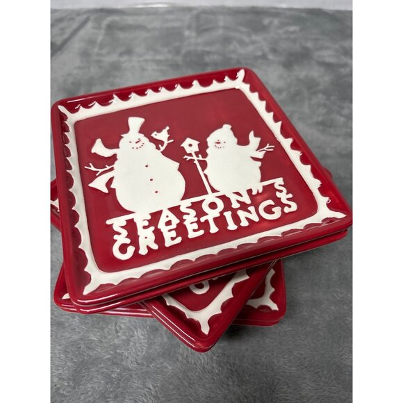 Sur La Table Holiday Dessert Plates Ceramic Seasons Greetings Set of 6 Square